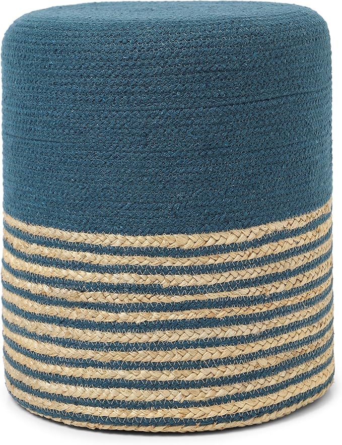 REDEARTH · Cylindrical Pouf Foot Stool Ottoman - Jute Braided Pouffe Poof Accent Sitting Footrest for Living Room, Bedroom, Nursery, Patio, Lounge & Other Rooms (Teal Natural, 14.5"x14.5"x16")-Ruum Studio Home