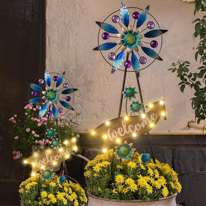 TERESA'S COLLECTIONS Peacock Garden Decor Solar Stake, Wind Spinner for Outdoor Decorations, Metal Windmill Blue Floral Yard Art Sign Decorative Garden Stake for Lawn Ornaments, Gifts for Mom, 26''-Ruum Studio Home