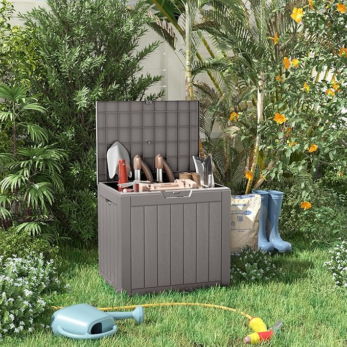 31 Gallon Resin Deck Box, Lockable Patio Outdoor Storage Box for Furniture, Garden Tools and Tools Storage, Waterproof Outside Storage Boxes - Grey-Ruum Studio Home