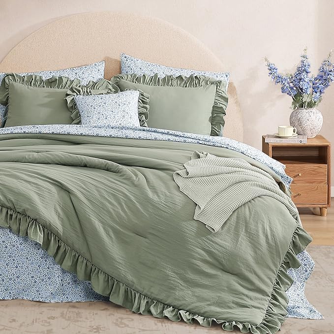 Queen Comforter Set - 7 Pieces Ruffle Sage Green Bedding Sets, Shabby Chic Farmhouse Bed in a Bag Queen with Ruffle Comforter, Floral Sheets, Pillowcases & Shams-Ruum Studio Home