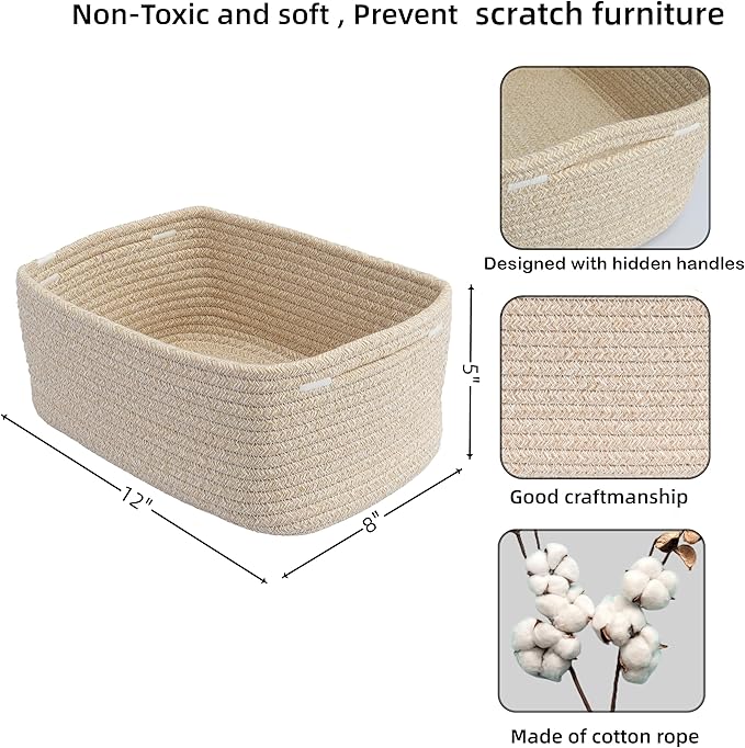 Small Woven Storage Baskets 12“X8”X5“ Decorative Rope Bins for Organizing Shelves, Closets, and Toys, Empty Gift Baskets, Cute Organizer Basket for Home and Office (oatmeal, regular)-Ruum Studio Home