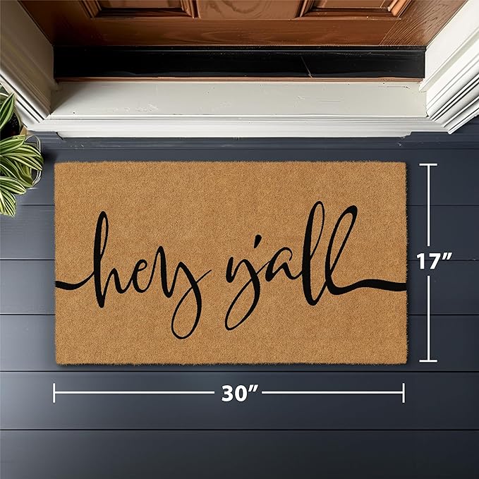 Barnyard Designs Natural Coco Coir Heavy Duty Backing Doormat - Large Cute Non-Slip Front Door Welcome Mat for Outside Entrance or Porch Entry, Brown (17x 30, Y'all)-Ruum Studio Home