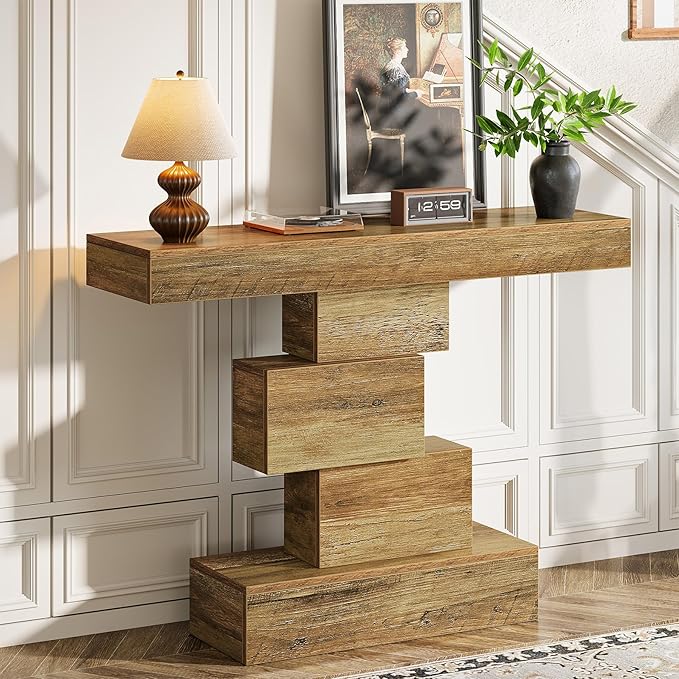 Tribesigns 42.5" Farmhouse Console Table, Narrow Wood Sofa Table Behind Couch with Geometric Base, Industrial Entryway Accent Table for Living Room, Hallway, Entrance (Light Brown)-Ruum Studio Home