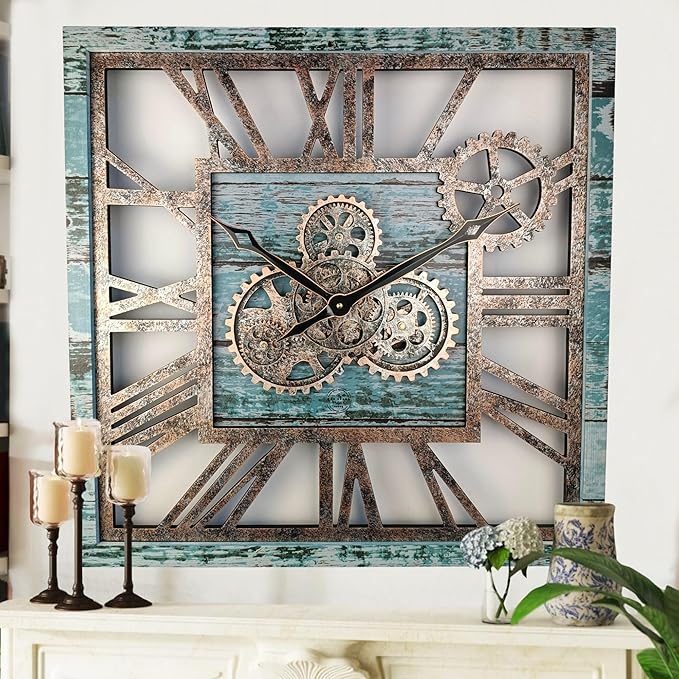 The Gears Clock 24'' Inch Square Real Moving Gear Wall Clock Vintage Industrial Oversized Rustic Farmhouse (Aqua Green)-Ruum Studio Home