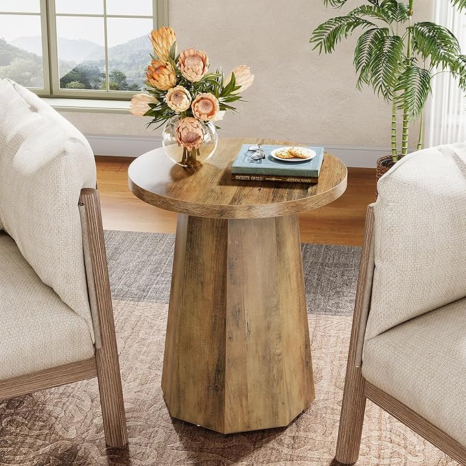 Tribesigns Round Pedestal End Table, Farmhouse Couch Side Table with Octagonal Base, Nightstand Accent Wooden Drink Stand (2, Rustic Brown)-Ruum Studio Home