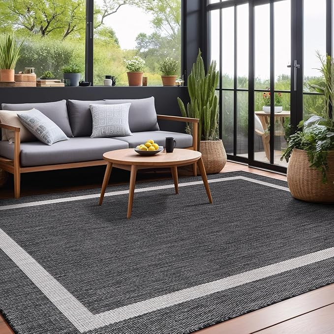 Bordered Outdoor Rug 5x7 Washable Outside Carpet for Indoor Patio Porch Waterproof Easy Cleaning Non Shedding Area Rugs Gray 5 x 7-Ruum Studio Home