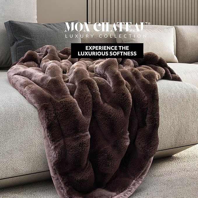 Mon Chateau Premium Reversible Luxury Faux Fur Throw for Couch, Sofa, or Bed - Plush Cozy Soft Blanket for Sleeping or Home Décor, 60" x 70" (Brown)-Ruum Studio Home