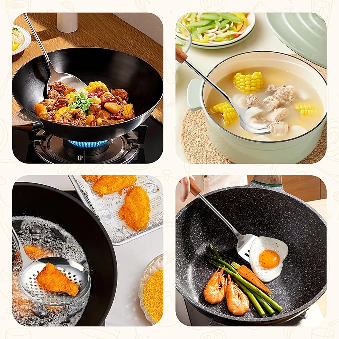 FJNATINH Stainless Steel Wok Tools Set,Wok Utensil - Wok Spatula,Turner,Ladle,Skimmer Tool Set,Mirror Polished Stainless Steel Cooking Utensils 14.6-15.2" Kitchen Utensils Cookware, Pack of 4-Ruum Studio Home