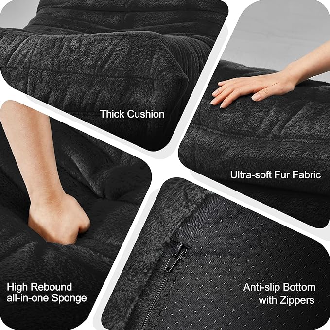 Bean Bag Chairs for Adults Giant Bean Bag Chair Memory Foam BeanBag Chair Big Bean Bag Sofa with Filler Faux Fur Fireside Beanbags Lazy Sofa for Living Room Bedroom Dorm Office (Black Plush)-Ruum Studio Home