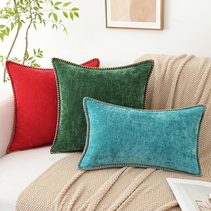 decorUhome Chenille Soft Throw Pillow Covers 24x24 Set of 2, Farmhouse Velvet Neutral Decorative Euro Pillow Covers with Stitched Edge for Couch Sofa Bed Home Decor, Turquoise-Ruum Studio Home