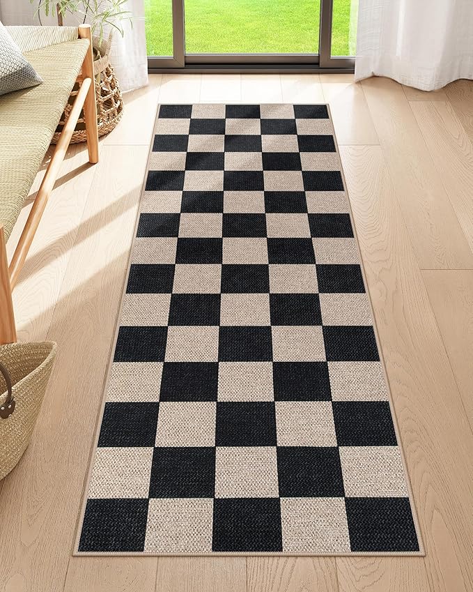 Lahome Checkered Easy Jute Runner Rug, 2x6 Kitchen Runner Rug Non Slip Washable Outdoor Carpet for Entryway Indoor, Checkerboard Black Indoor Outdoor Carpet Runners for Hallway 6ft Entry-Ruum Studio Home