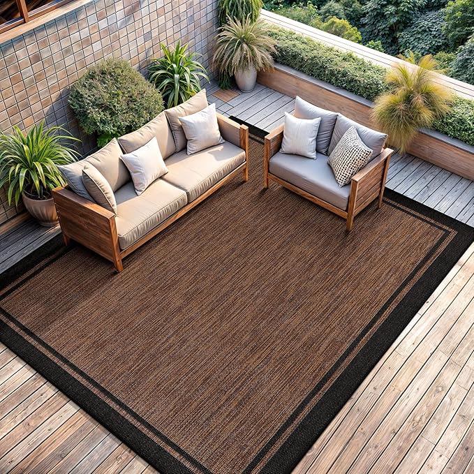 CAMILSON Indoor Outdoor Rug, 9x12 Bordered Nut Brown Black Modern Area Rugs for Indoor and Outdoor Patios, Kitchen and Hallway Mats, Washable Porch Deck Outside Carpet (Border Nut Brown Black, 9 x 12)-Ruum Studio Home