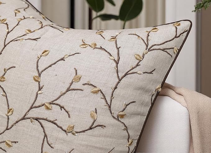 VAGMINE Embroidered Pussy Willow Throw Pillow Cover - 18x18 Inches Square - 100% Linen Natural Decorative Cushion Cover - Floral Embroidery - Cozy Farmhouse & Boho Accent for Sofa, Couch, Bedroom-Ruum Studio Home