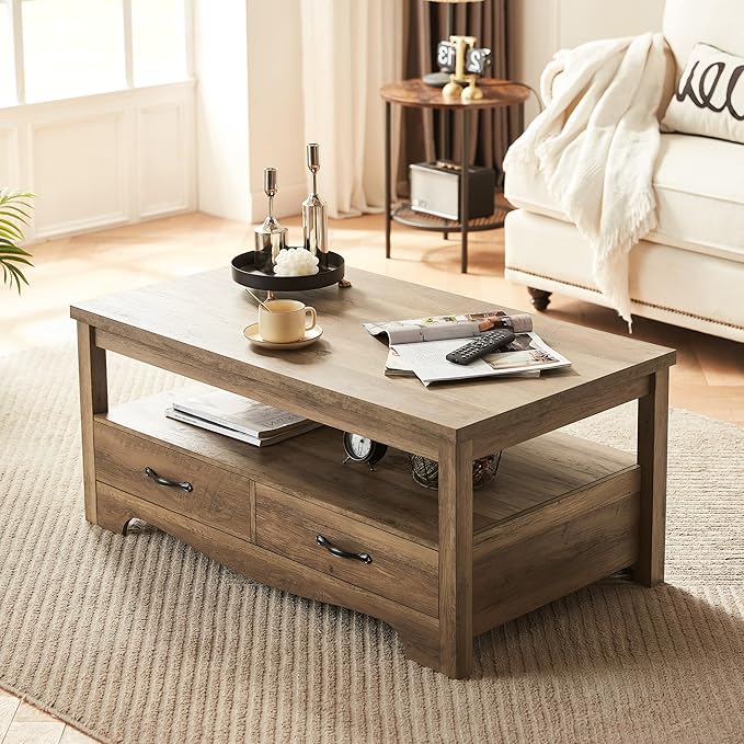 LINSY HOME Farmhouse Coffee Table with Storage, Wood Coffee Table for Living Room, Open Display Area and Storage Drawers with Metal Handles, Chic Style with Curved Base, Brown-Ruum Studio Home