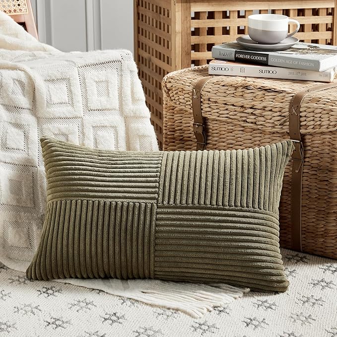 Fancy Homi 2 Packs Olive Green Lumbar Decorative Throw Pillow Covers 12x20 Inch for Living Room Couch Bed, Farmhouse Boho Home Decor, Soft Striped Corduroy Rectangle Accent Cushion Case 30x50 cm-Ruum Studio Home
