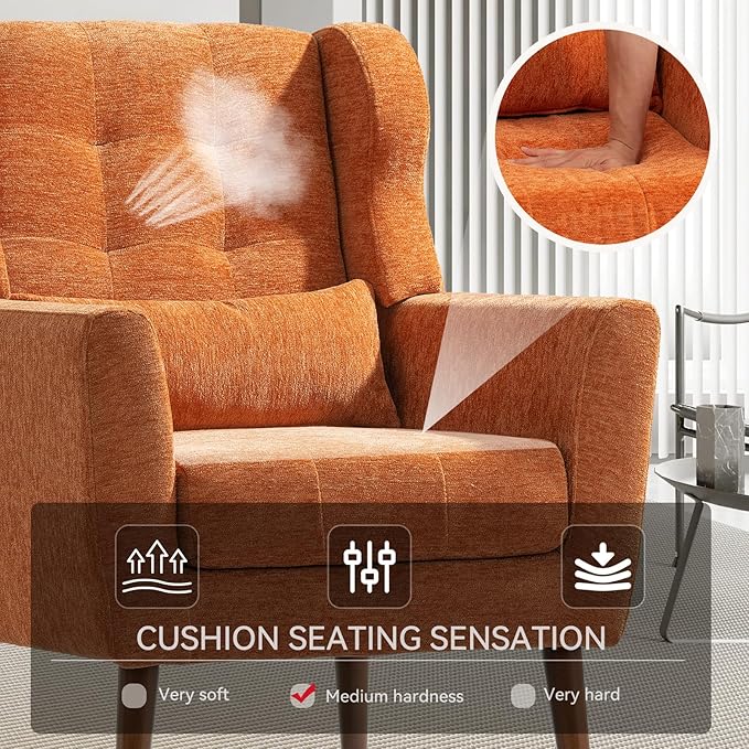 Accent Chair Set of 2, Upholstered Armchair with Pillow, Fabric Single Sofa Chair with Lounge Seat and Wood Legs Accent Chair for Living Room Small Spaces (Orange, Set of 2)-Ruum Studio Home