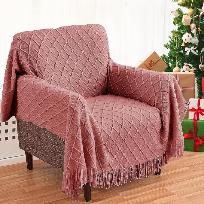 inhand Knitted Throw Blankets for Couch and Bed, Soft Cozy Knit Blanket with Tassel, Coral Pink Lightweight Decorative Blankets and Throws, Farmhouse Warm Woven Blanket for Men and Women, 60"x80"-Ruum Studio Home
