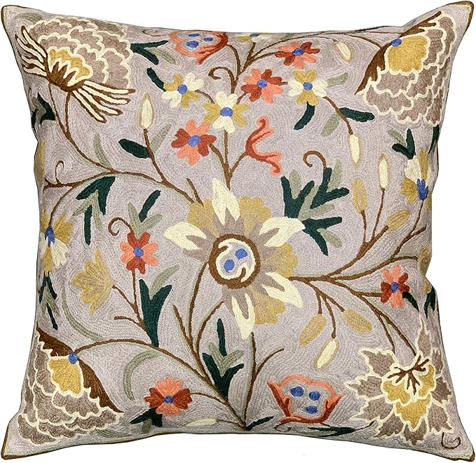 Beige Floral Pillow Cover Taupe Flower Traditional Hand Embroidered Pillowcase Traditional Outdoor Cushion Suzani Couch Flowery Needlepoint Chair Cushion Wool Size - 18x18-Ruum Studio Home