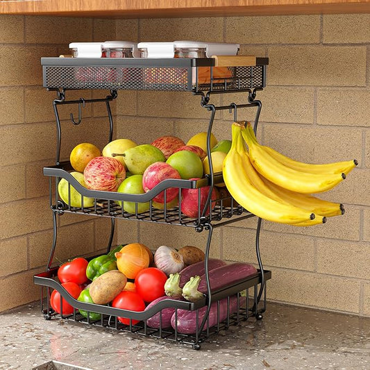 Giwil 3 Tier Countertop Fruit Mesh Basket for Kitchen, Vegetable Storage Bread Fruit Bowl Stand with 2 Banana Hooks, Wall Mounted Metal Wire Basket Organizer for Potato Onion, Black-Ruum Studio Home