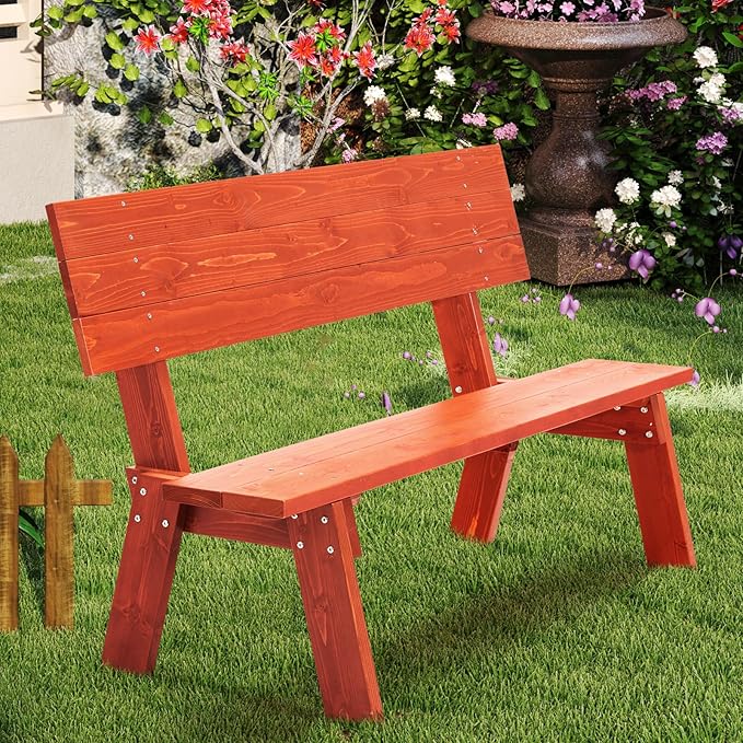 AVAWING Outdoor Convertible Wood Bench with Backrest, Patio Wood Convert a Bench, Space-Saving 2-in-1 Picnic Table Chairs Set for Backyard, Porch, Patio, Garden, Tangerine-Ruum Studio Home
