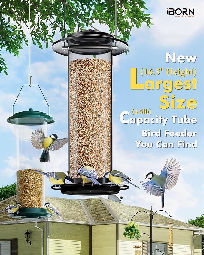 iBorn Metal Bird Feeder for Outside Hanging,Wild Bird Feeders for Cardinal,18cm Large Roof&Green,42CM Long,4.5lb High-Capacity(Seed is not Included)-Ruum Studio Home