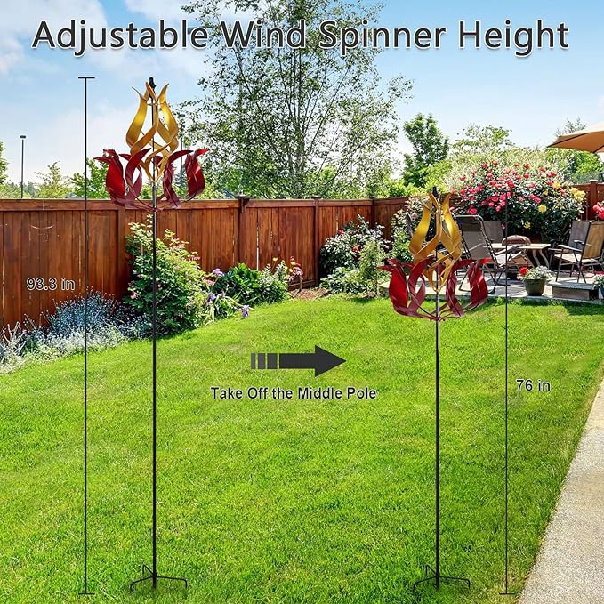 hogardeck Large Wind Spinners Outdoor, 93.3" Metal Tulip Wind Spinner with Stake, 360° Rotating Yard Art, Kinetic Flame Wind Sculptures for Home Lawn Backyard Patio Garden Decor (Red, Golden)-Ruum Studio Home