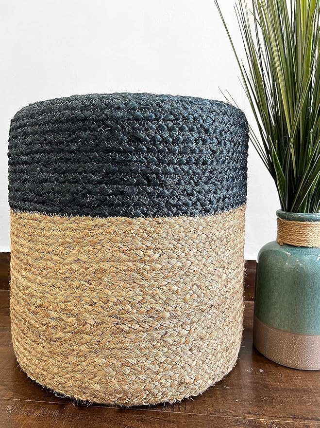 Jute Pouf Ottoman | Footrest Pouf | Hand Braided - Round Boho Pouffe - for Living Room, Bedroom, Nursery (16"x16"x16") Navy-Ruum Studio Home