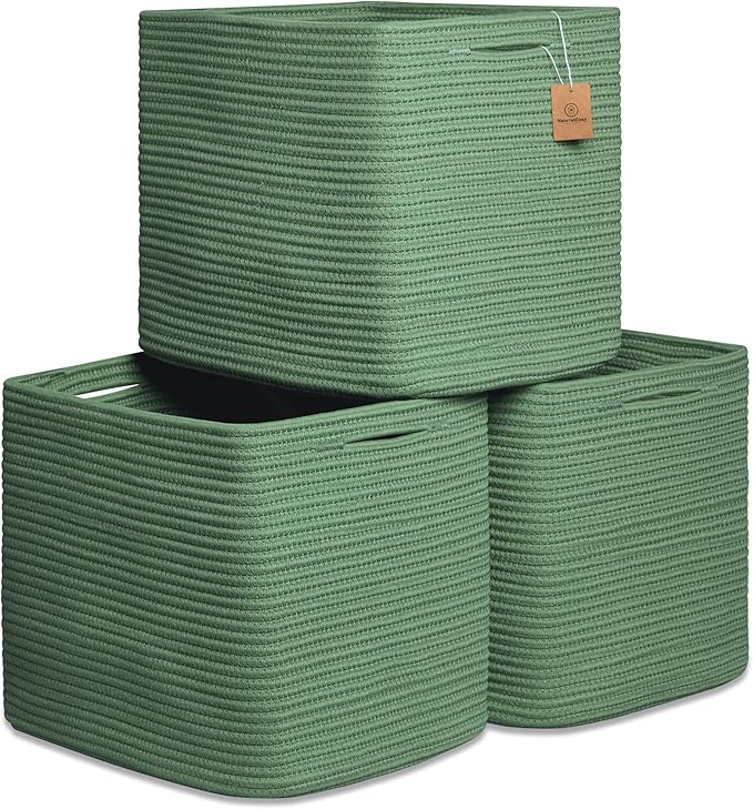 NaturalCozy 13x15x13 Kallax Storage Cubes Bins, 3 Pack | Cotton Rope Cube Storage Bin Woven Baskets for Organizing | Kallax Insert Storage Baskets for Shelves Organizer, Kids Toy, Closet Baby Nursery-Ruum Studio Home