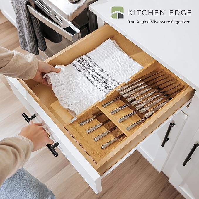 Premium Cutlery, Flatware, and Silverware Drawer Organizer – Slanted 3-Compartment Design with Labeled Slots, Non-Slip Feet, 100% Sustainable Bamboo-Ruum Studio Home