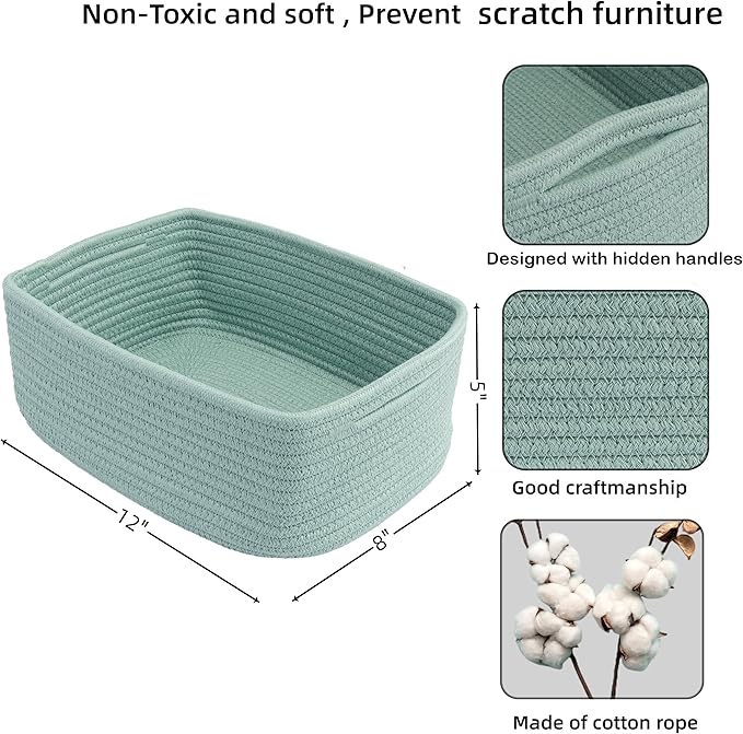 Small Woven Storage Baskets 12“X8”X5“ Decorative Rope Bins for Organizing Shelves, Closets, and Toys, Empty Gift Baskets, Cute Organizer Basket for Home and Office (green, regular)-Ruum Studio Home