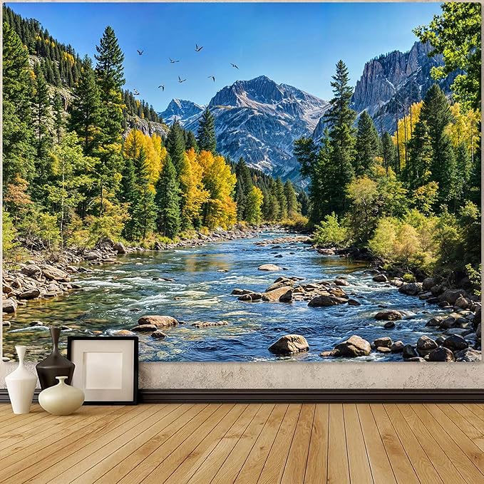 AMM Nature Forest Mountain Tapestry Green Pine Tree Tapestry for Bedroom Aesthetic Flowing River Landscape Tapestries Wall Hanging Bird Decor for Living Room Classroom Dorm Office-Ruum Studio Home