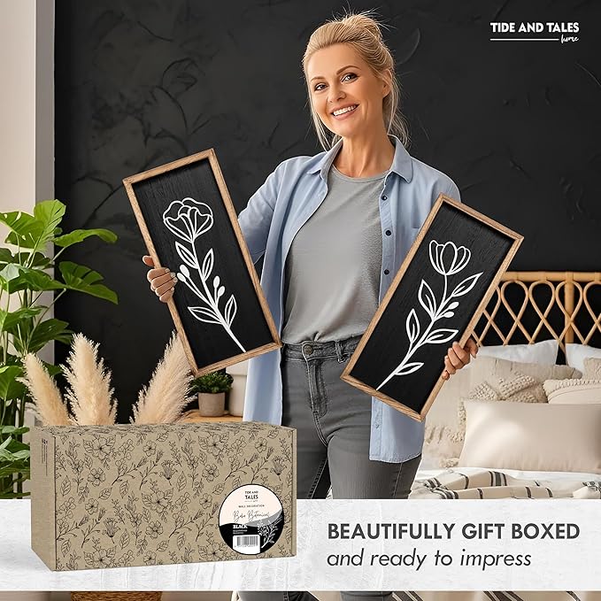 3D Vintage Black Living Room Decor (Set of 2) Lightweight, Wooden Ready-to-Hang Framed Moody Floral Wall Art for Bathroom, Bedroom or Office - Dark Textured Boho Farmhouse Wall Decor - Gift-Boxed-Ruum Studio Home