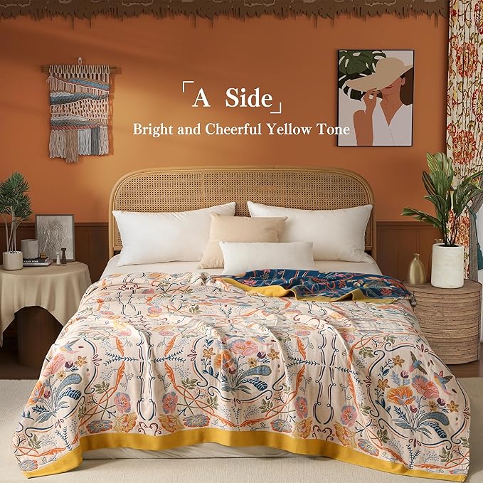 Boho Throw Blanket Twin Size, Soft Cozy Cotton Muslin Quilt Blanket for Bed Decor, Floral Patterned Couch Sofa Chair Cover, Vintage Farmhouse Cottage Tapestry Woven Blanket, Yellow&Blue-Ruum Studio Home