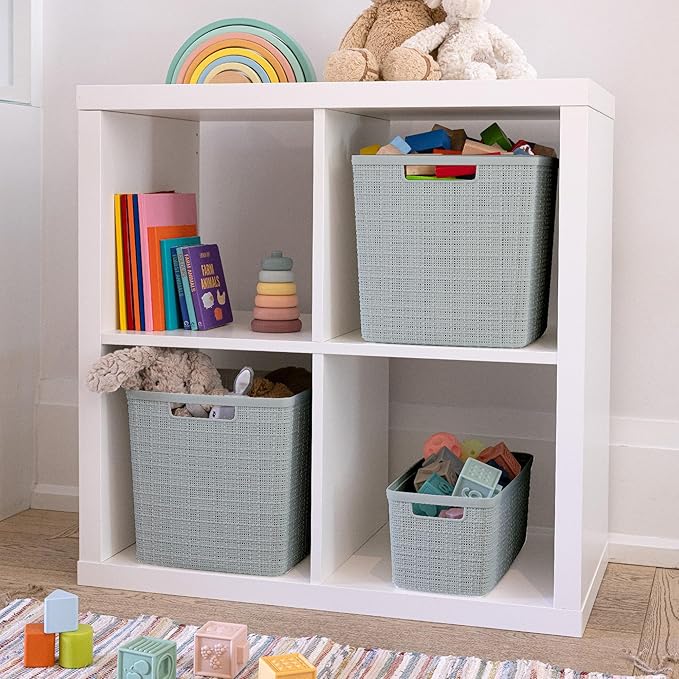 Curver Jute Decorative Plastic Organization and Storage Basket Perfect Bins for Home Office, Closet Shelves, Kitchen Pantry and All Bedroom Essentials, Set of 8 Grey-Ruum Studio Home