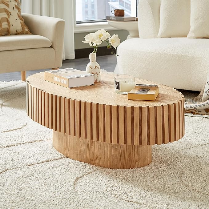 Oval Coffee Table for Living Room, Modern Fluted Coffee Tables with Pedestal Base, Handcrafted Centre Tea Tables Easy Assembly-43.7" Natural-Ruum Studio Home