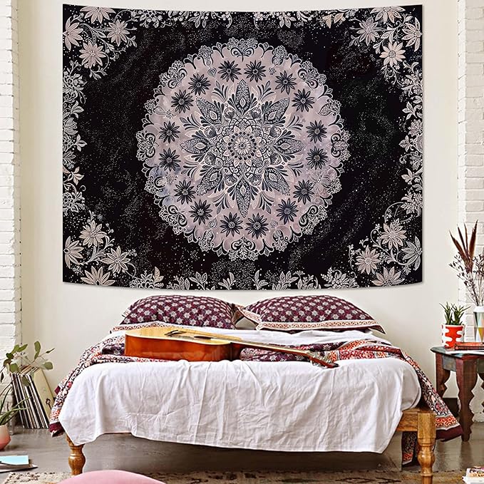 Fowocu Boho Floral Mandala Tapestry Wall Hanging Grey Bohemian Flower Medallion Tapestry Aesthetic Gray Black Hippie Indian Small Tapestries for Bedroom Living Room Dorm Decor 48 x 36 Inch-Ruum Studio Home