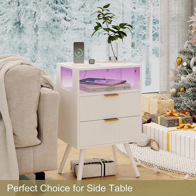 White Nightstand with Charging Station and LED Lights,Modern Bedside Table with 2 Storage Drawer and Open Wood Shelf, for Bedroom and Small Spaces,Night Stand with Solid Wood Legs,White-Ruum Studio Home