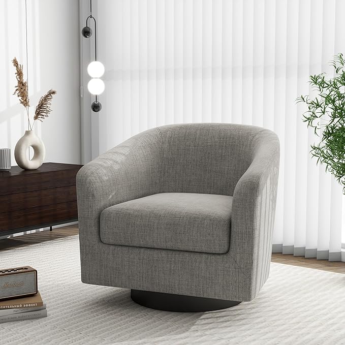 Swivel Barrel Accent Chair, Modern Round Linen Arm Chair for Living Room, Bedroom, Comfy Club Reading Chairs for Adults（Linen Fabric, Khaki, Set of 1-Ruum Studio Home