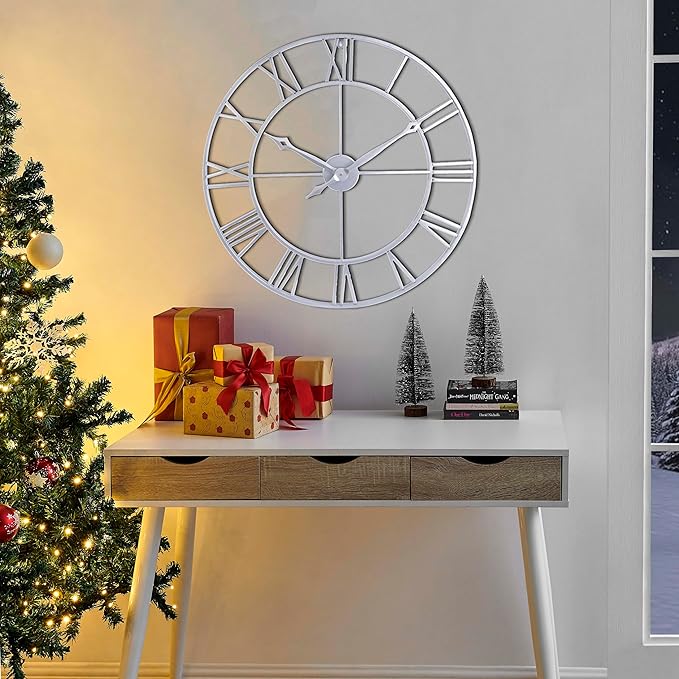 CLXEAST Large Modern 30 Inch Wall Clock Silver, Oversized Big Roman Numeral Metal Wall Clocks for Living Room Decor, Home Office-Ruum Studio Home