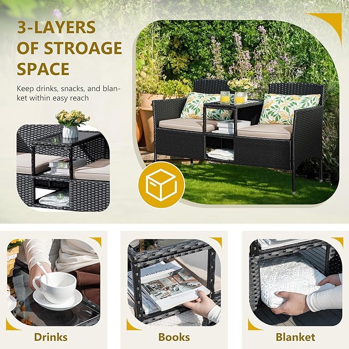Flamaker Outdoor Furniture Patio Loveseat Wicker 2-Seat with Built-in Table and Cushions Rattan Porch Chairs Bench for Balcony, Lawn, Backyard (Beige)-Ruum Studio Home