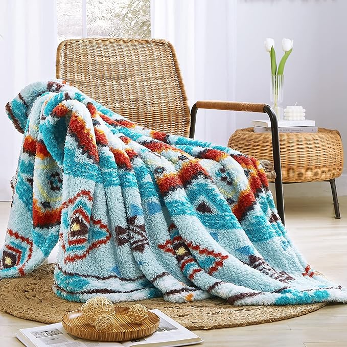 CASAAGUSTO Boho Sherpa Blanket,Teal Aztec Twin Blanket, Ultra Soft, Warm, Cozy, Plush, Thick Fleece Western Blanket for Couch, Bed, Sofa (Aqua 60 * 80 Inch)-Ruum Studio Home