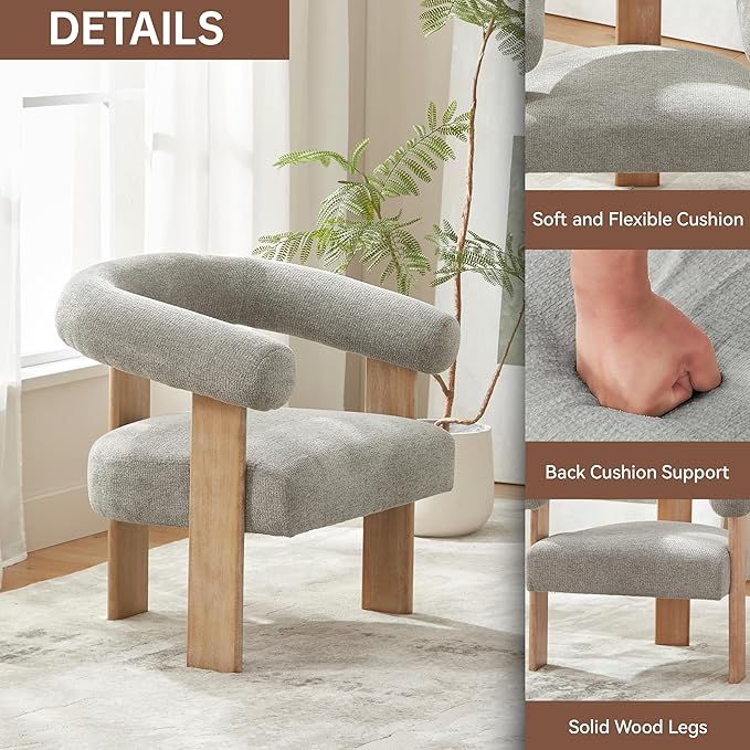 VKNOW Accent Chair Living Room Chair, Modern Upholstered Armchair with Solid Wood Legs, Comfy Barrel Arm Chairs for Living Room Bedroom, Light Grey-Ruum Studio Home