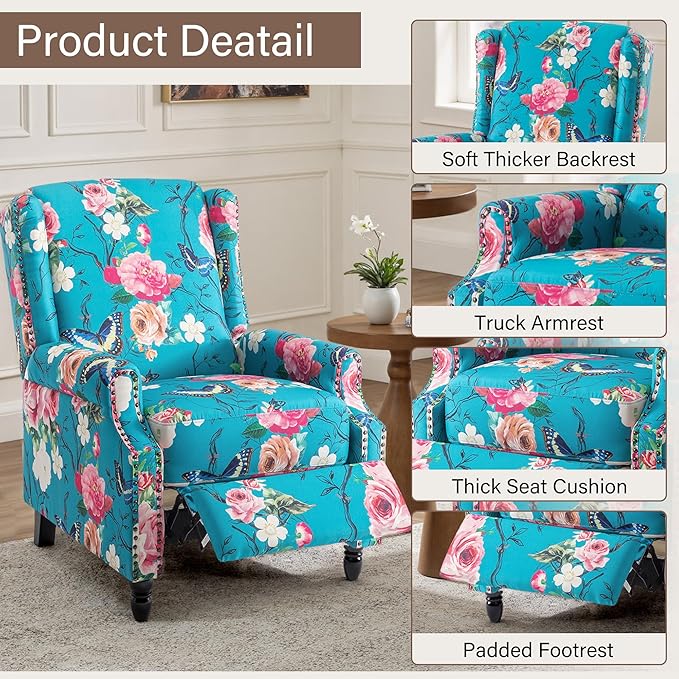 UIXE Floral Pushback Recliner Chairs Set of 2, Fabric Upholstered Armchair Push Back Accent Chair for Living Room, Rivet Trim Club Chair Home Theater Single Sofa Reading Seat - Peacock Blue-Ruum Studio Home