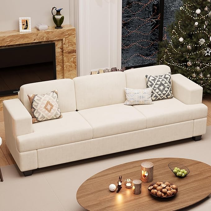 Sofa, 89" 3-Seater Deep Seat Sofa, Modern Comfy Couches for Living Room Apartment Lounge, Beige Chenille-Ruum Studio Home