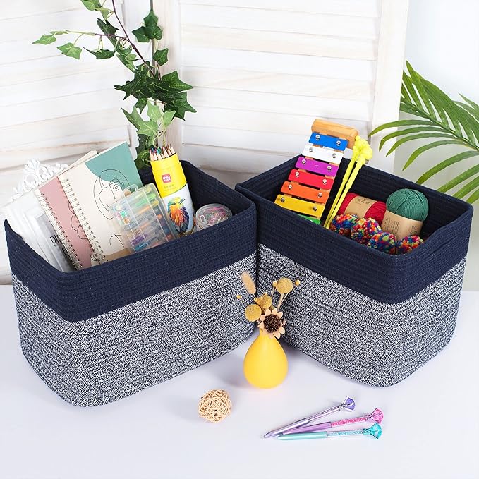 MINTWOOD Design 3-Pack Storage Baskets for Shelves, Playroom and Classroom, Book Basket, Decorative Storage Cube Bins, Woven Closet Organizers, Pantry and Shoe Organizer, Navy Blue-Ruum Studio Home