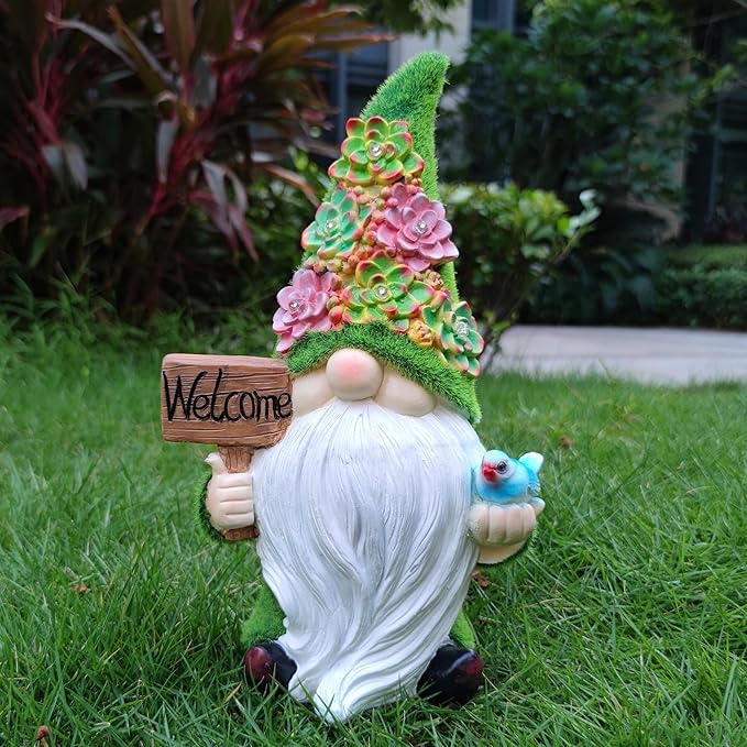 Solar Gnomes Garden Statues,Resin Gnome Figurine Holding Welcome Card and Bird with Solar Lights, Outdoor Gnomes Decorations for Yard Patio Lawn Porch, Garden Gifts-Ruum Studio Home