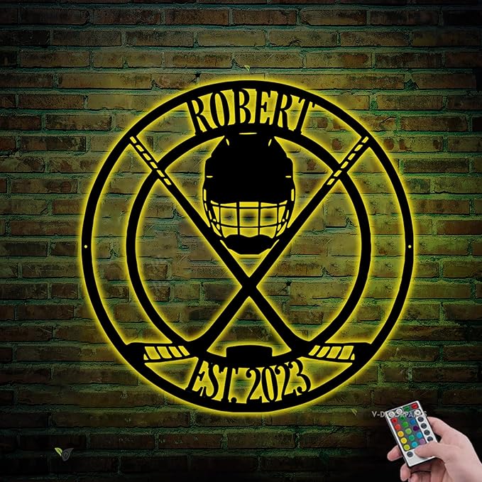 Custom Hockey Medal Holder - Personalized Hockey Wall Sign, Medal Hanger Display Rack with LED Light, Hockey Decor for Boys, Man Cave, Players, Coaches, Fans Gift-Ruum Studio Home