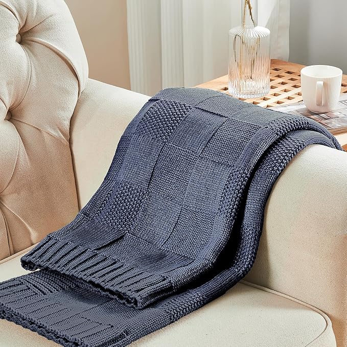 CozeCube Check Knit Throw Blanket, Steel Blue Checkered Throw for Couch, Decorative Christmas Soft Cozy Warm Knitted Blanket for Bed Sofa Living Room, 50"X60"-Ruum Studio Home