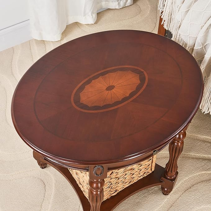 MODERION Solid Wood End Table with Drawer, Oval Sofa Side Table, Storage Shelf, Living Room Corner Table, Nightstand, 24”H Cherry Walnut CJZ1533WD-DR-Ruum Studio Home