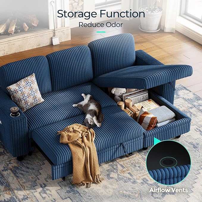 LINSY HOME Sectional Sleeper Sofa with Pull Out Couch Bed - Convertible Plush Corduroy Cloud Couch with Storage Chaise & USB Charging, Comfy L Shaped Modular Couches for Living Room Apartment, Blue-Ruum Studio Home